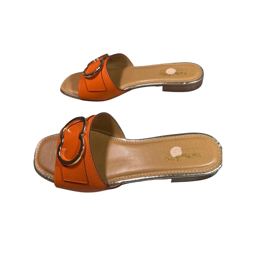 Coach Annecy Orange Pebble Grain Leather Slide Sandals Gold Buckle Italy 8